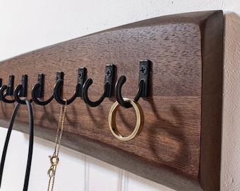Necklace Hanger Wall Organizer For Watch & Jewelry Solid Live Edge Walnut Wood Hook For Earring Ring Hanging Accessory Display Gift For Her