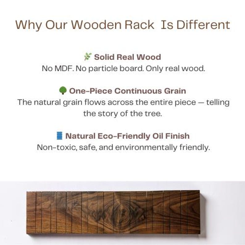 May include: A rectangular wooden rack with a natural wood grain pattern. The rack is made of solid real wood and has a natural eco-friendly oil finish. The text in the image says "Why Our Wooden Rack Is Different".
