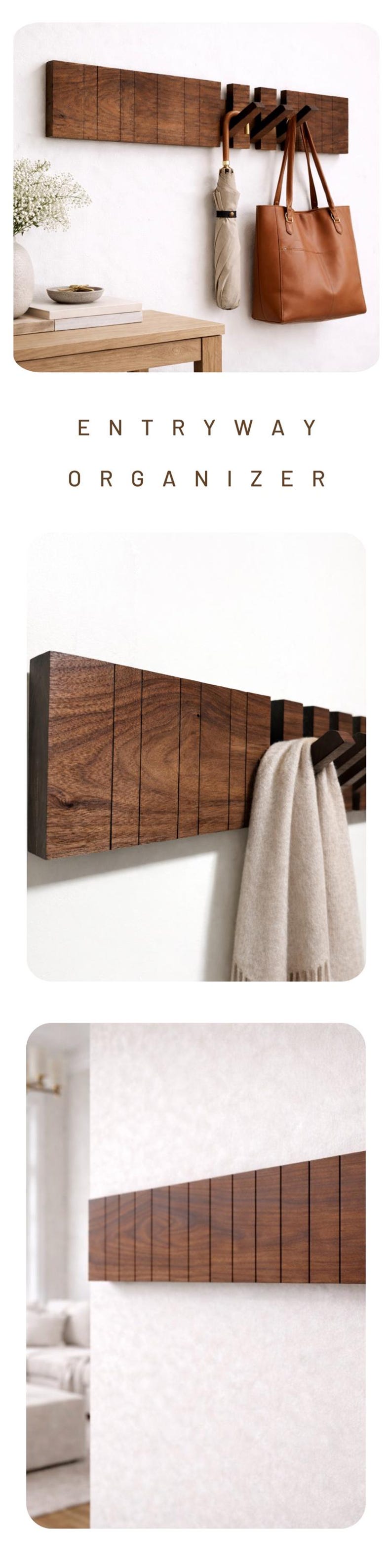 May include: A wooden entryway organizer with a series of vertical slats. The organizer has hooks for hanging items like umbrellas and bags. The text "ENTRYWAY ORGANIZER" is displayed.