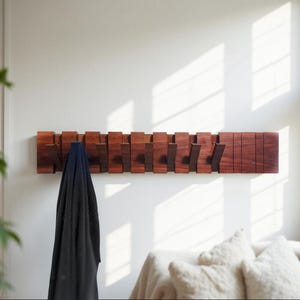 Coat Hat Robe Hanger, Space Saving Flip Down Coat Rack Magnetic Modern Organizer Walnut Wood Storage