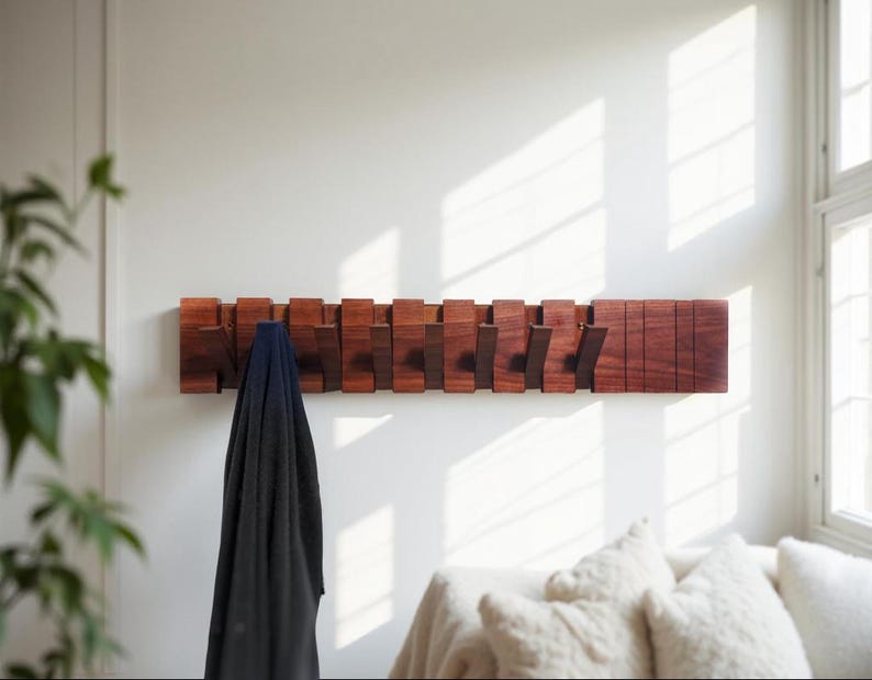Coat Hat Robe Hanger, Space Saving Flip Down Coat Rack Magnetic Modern Organizer Walnut Wood Storage