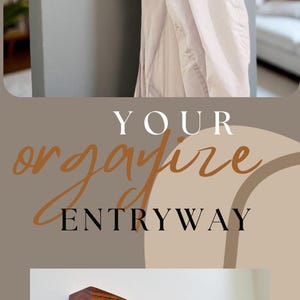 May include: Wooden entryway organizer with multiple hooks and a shelf. The dark brown wood has a natural grain pattern. The image includes the text "YOUR ORGANIZE ENTRYWAY" and "UNIQUE AS YOUR PINTEREST BOARD".