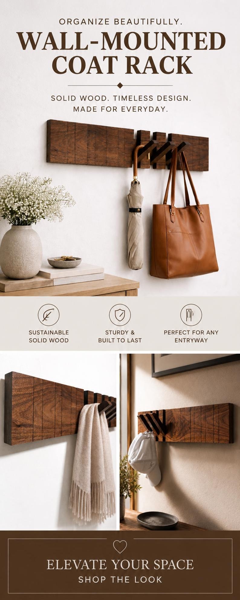 Piano Coat Rack Wall Hook For Entryway Coat Hat Robe Hanger, Space Saving Flip Down Coat Rack Magnetic Modern Organizer Walnut Wood Storage image 20