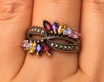 Anillo arcoíris de plata de ley 925, estilo Art Déco, con marcasita multicolor, talla 8.