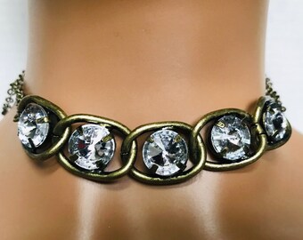 Choker vintage con maglie in cristallo di bronzo, collana formale anni '50