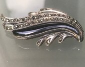 925 Black onyx stone silver leaf brooch 7th Anniversary Sterling Silver Black Onyx Vintage brooch Seventh Anniversary Gift for Wife