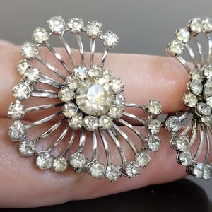 Vintage Crystal Orchid Clip Earrings, Art Deco Silver Zircon Jewelry, silver sparkly earrings, unique earrings