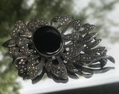 Antique Silver Black Onyx Lotus Flower Brooch Large Sterling Silver Collar Pin 952 Sterling Scarf Pin BroachHat Pins Brooch,Shawl pin silver