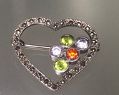 925 Vintage Chartreuse Marcasite Sterling Silver Brooch Antique Polished Multi-Stone Sterling Brooch Small SilverCrystal Heart Pin Brooch