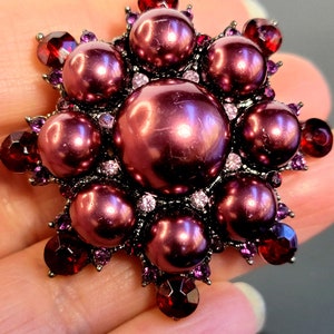 Vintage kastanjebruine kristallen bloembroche met kralen, vintage parelbroche, goudkleurig, jaren 60, statementbroche, 1,79&quot;