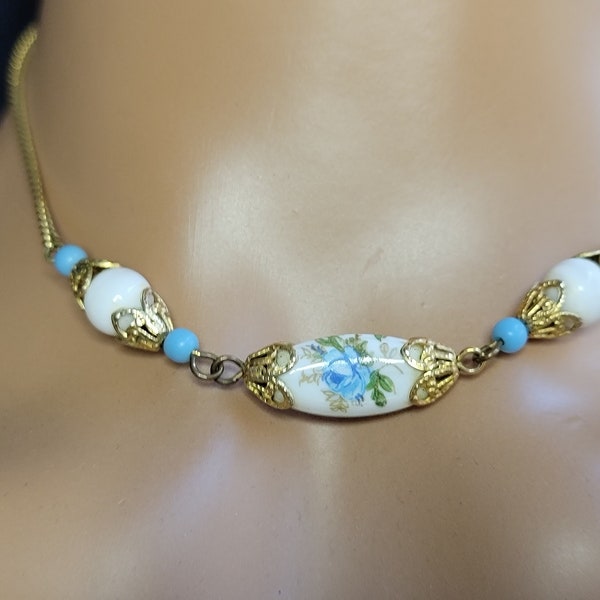 Vintage blue flower porcelain choker necklace, floral ceramic pendant necklace,flower choker necklace,short necklace for women