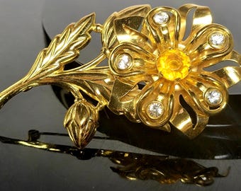 Broche grande de cristal con diseño floral • Broche de flor Art Déco vintage de los años 60