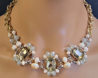 Collar vintage con cristales color champán, joyería nupcial con perlas de imitación