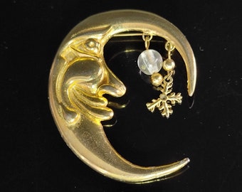 Large Gold face moon and pearl brooch,crescent moon brooch pin vintage,crescent moon brooch vintage gold,crescent moon jewelry,