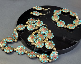 Conjunto de joyas con cuentas de coral turquesa, collar, pendientes, pulsera boho chic, conjunto de pulsera, pendientes y collar, collar de disco, collares a juego