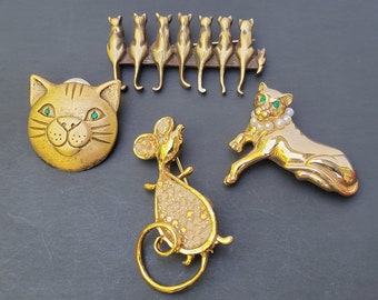 Gold tone cat brooch pin lot ,jungle cat brooch vintage,brooch lot vintage