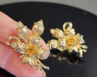 Vintage Gold Flower Citrine Earring Studs,citrine crystal earrings,yellow crystal earrings,yellow citrine earrings