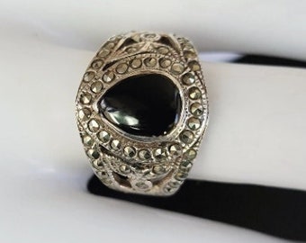 Wide black onyx sterling silver ring,silver black onyx ring,black onyx gothic ring, ring,marquisette ring silver