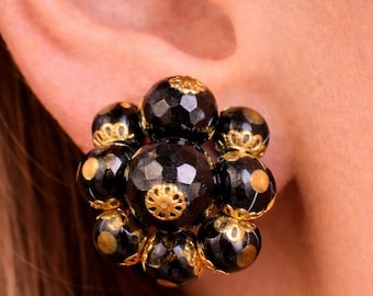 Vintage Style Beaded Clip-On Earrings, Black and Gold Retro Jewelry