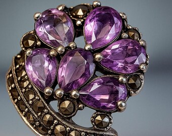 Vintage Art Deco Amethyst Sterling Silver Cluster Ring, Size 6.5