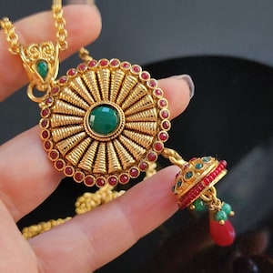 Ruby Emerald Gold Jhumka Necklace, Vintage Indian Jewelry, Tassel Necklace