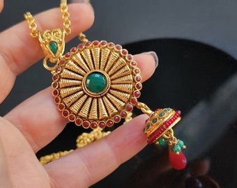 Collar Jhumka de oro, rubí y esmeralda, joyería india vintage, collar con borla