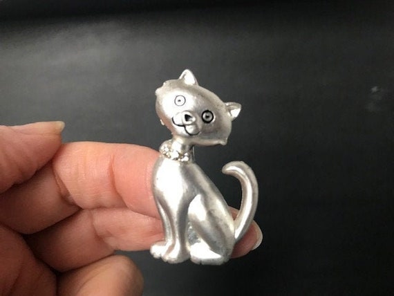 Vintage Silver Tone Cat Brooch with Rhinestones ,… - image 1