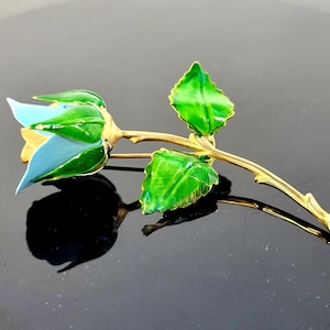 Vintage Blue Gold Flower Metal Lapel Pin, Giovanni Long Stem Open Rose Blue, Something Blue for Bride, Gift for Wife, Antique flower brooch