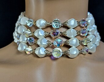 Vintage multi-layer chunky pearl and AB crystal choker necklace,Aurora Borealis crystal jewelry,statement necklaces, Elegant choker necklace