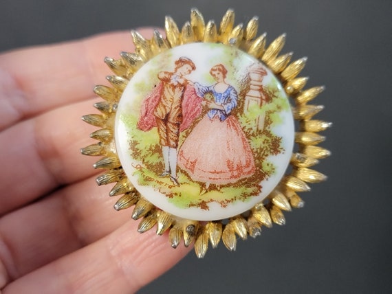 Gold porcelain Rococo jewelry, Pink Cameo Brooch … - image 5