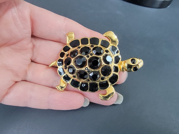 Large Onyx crystal sparkling Turtle Figural Brooc… - image 10