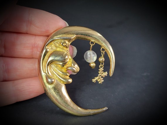 Large Gold face moon and pearl brooch,crescent mo… - image 4