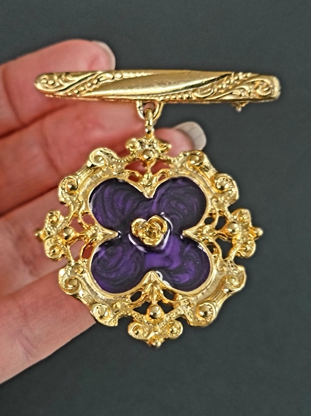 Mwd Pin Vintage Purple Enamel Flower Brooch, Gold Tone Medallion Pin - Etsy