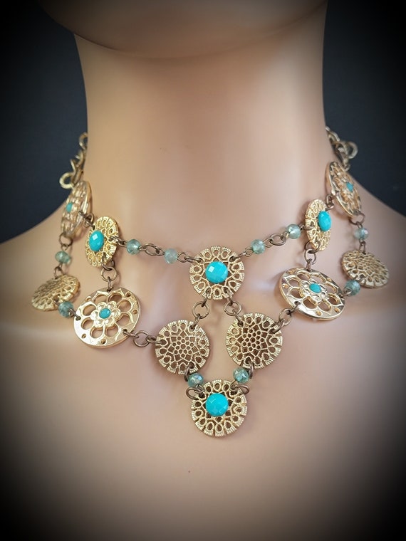 Gold turquoise gipsy layered necklace, Turquoise n