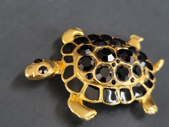 Large Onyx crystal sparkling Turtle Figural Brooc… - image 9