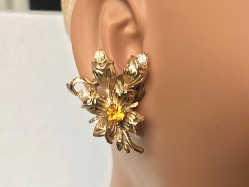 Vintage Gold Flower Citrine Earring Studs Leaves Branch Clip On Climbing Clip On Earrings Crawler Clip On Earrings Wedding Bride