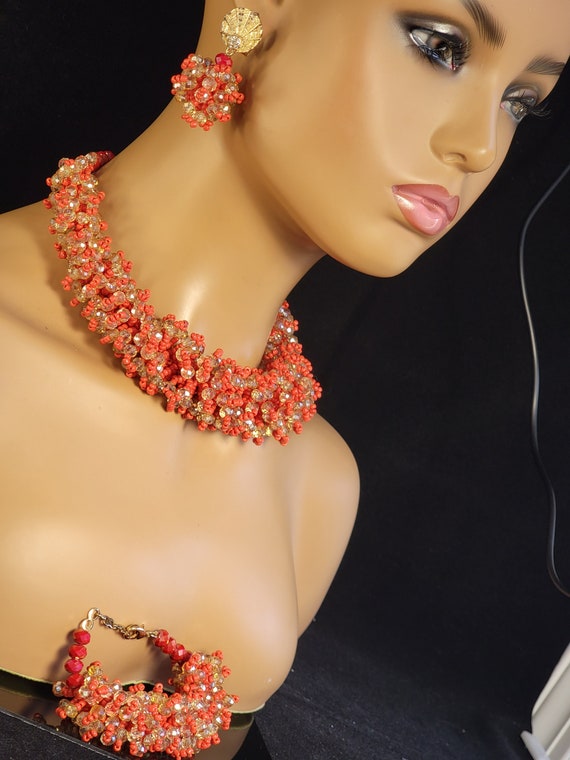 Coral 3 AB crystal matching jewelry set,matching … - image 3