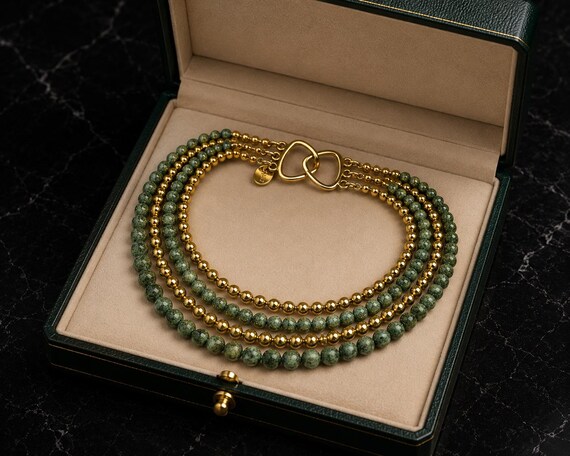 Vintage Georgiou Gold and Green Beaded Layered Neckla… - Gem