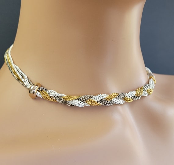 Mixed metal braided chain necklace, Tricolor chai… - image 9
