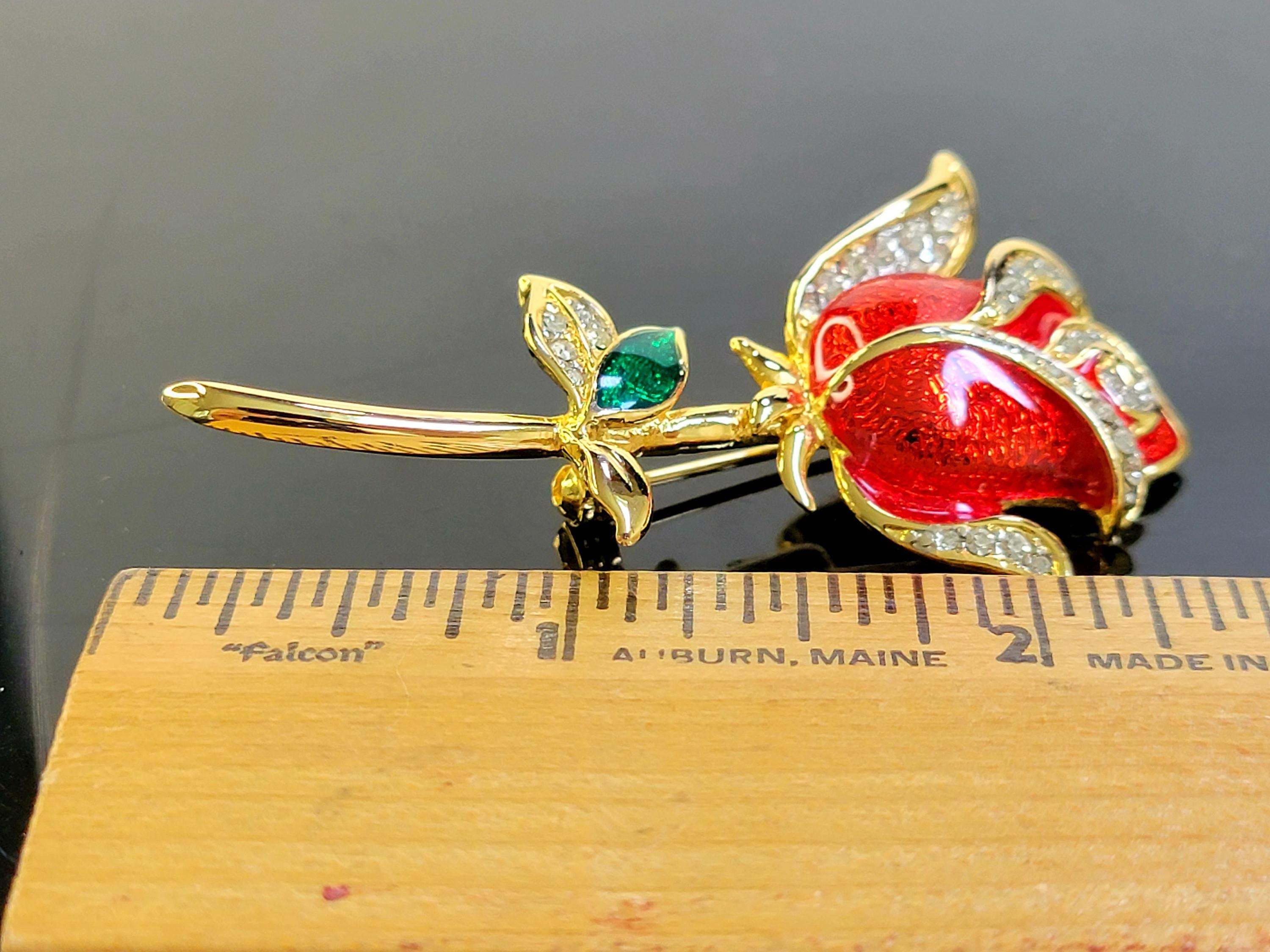 Vintage BJL Red Enamel Rose Brooch – Art Deco Rhinestone Flower