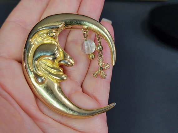 Large Gold face moon and pearl brooch,crescent mo… - image 10