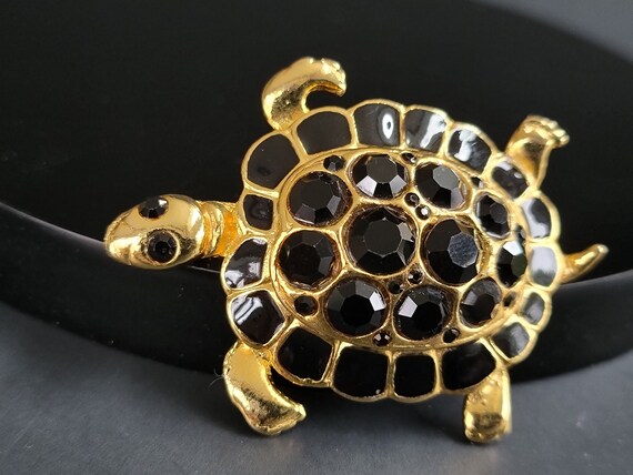 Large Onyx crystal sparkling Turtle Figural Brooc… - image 2