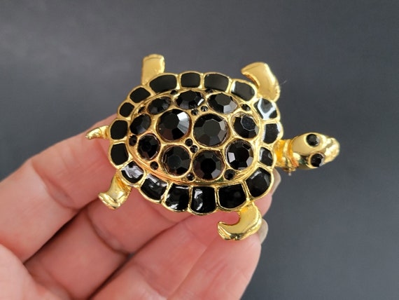 Large Onyx crystal sparkling Turtle Figural Brooc… - image 7