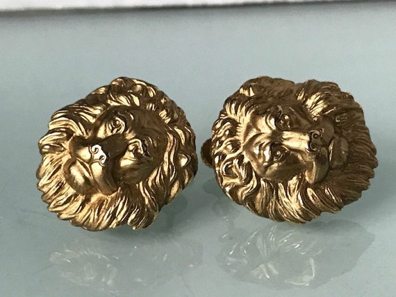 Large Gold Lion Face  clip on Screw-Back Earrings… - image 4