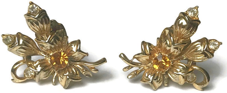 Vintage Gold Flower Citrine Earring Studs Leaves Branch Clip On Climbing Clip On Earrings Crawler Clip On Earrings Wedding Bride
