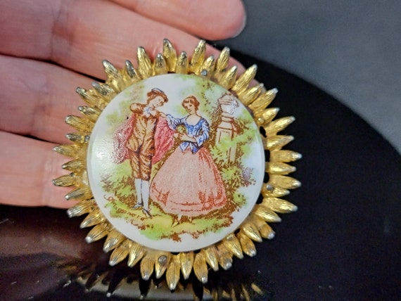 Gold porcelain Rococo jewelry, Pink Cameo Brooch … - image 3