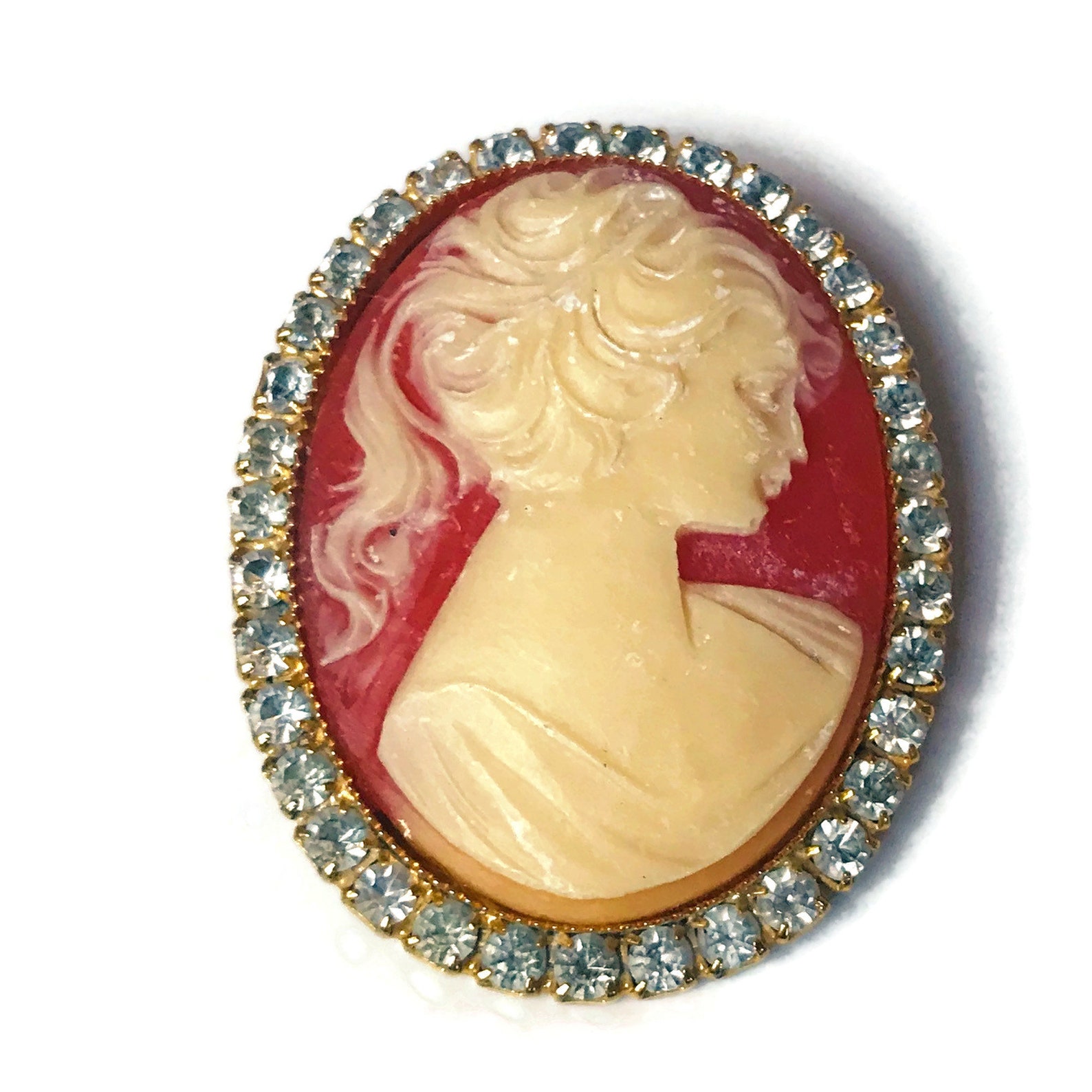 Cameo Brooch Pin With Prong Setting Rhinestones White Profile Etsy