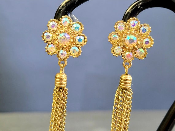 AB Crystal  long chain tassel earrings, AB crysta… - image 2