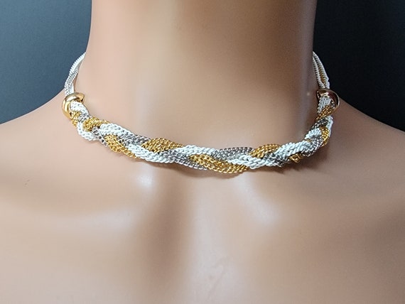 Mixed metal braided chain necklace, Tricolor chai… - image 5