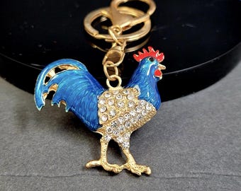 Enamel Rhinestone Rooster Keychain, Gold Tone Bird Pendant Key Ring, Colorful Animal Key Chain Gift